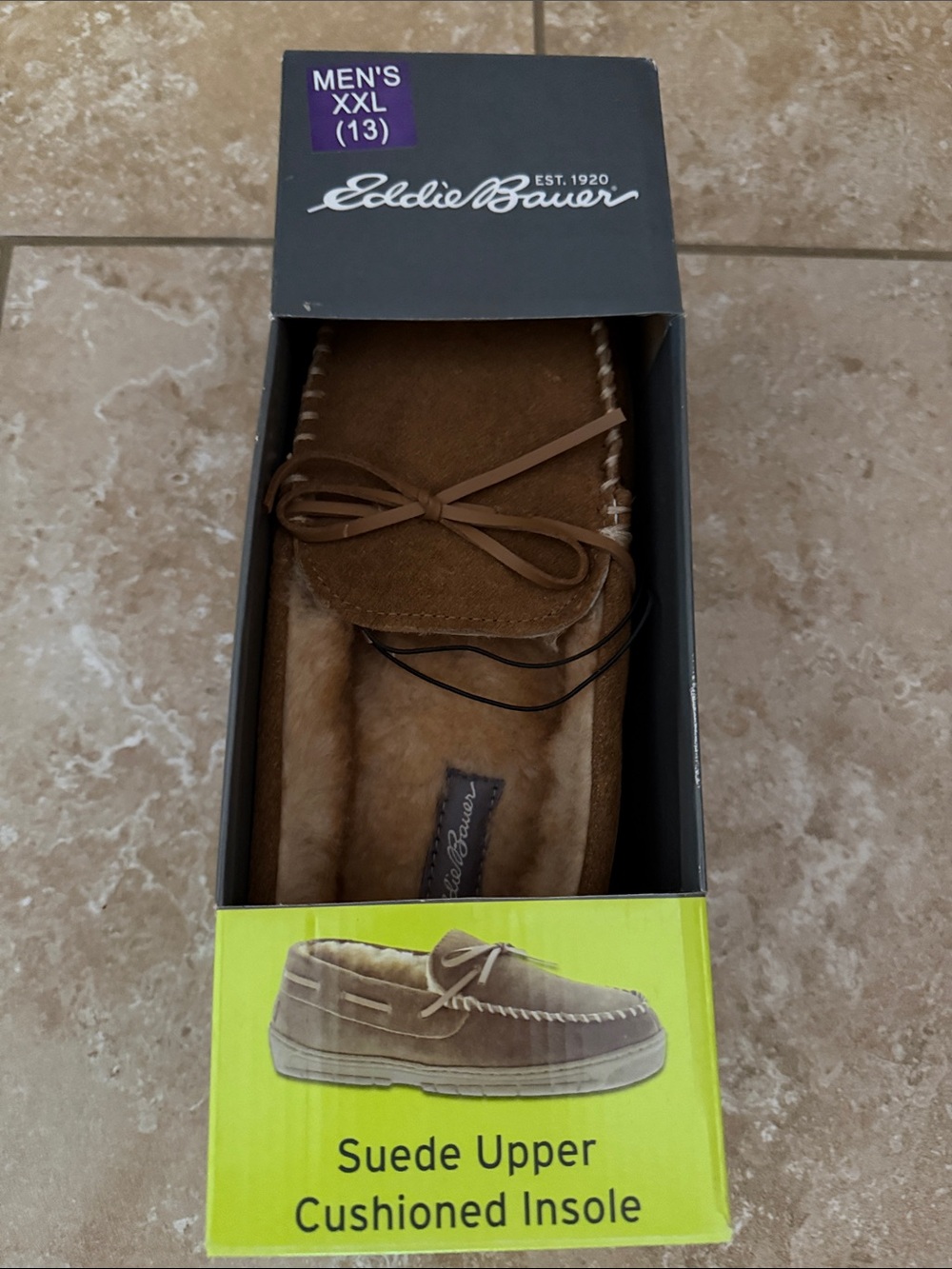 Eddie Bauer Men’s Brown Suede Moccasin Slippers with Bow Accent